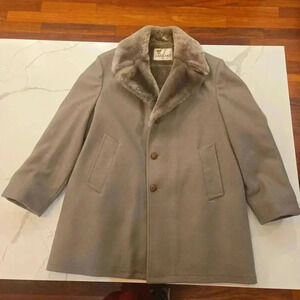 Vintage Lakeland Wool Faux Fur Lined Coat Gray Mens Size 46